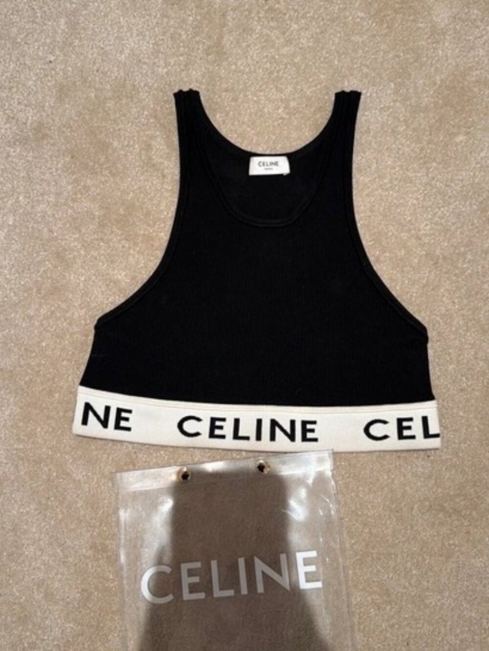 Celine Black Ribbed Logo Tank Top
